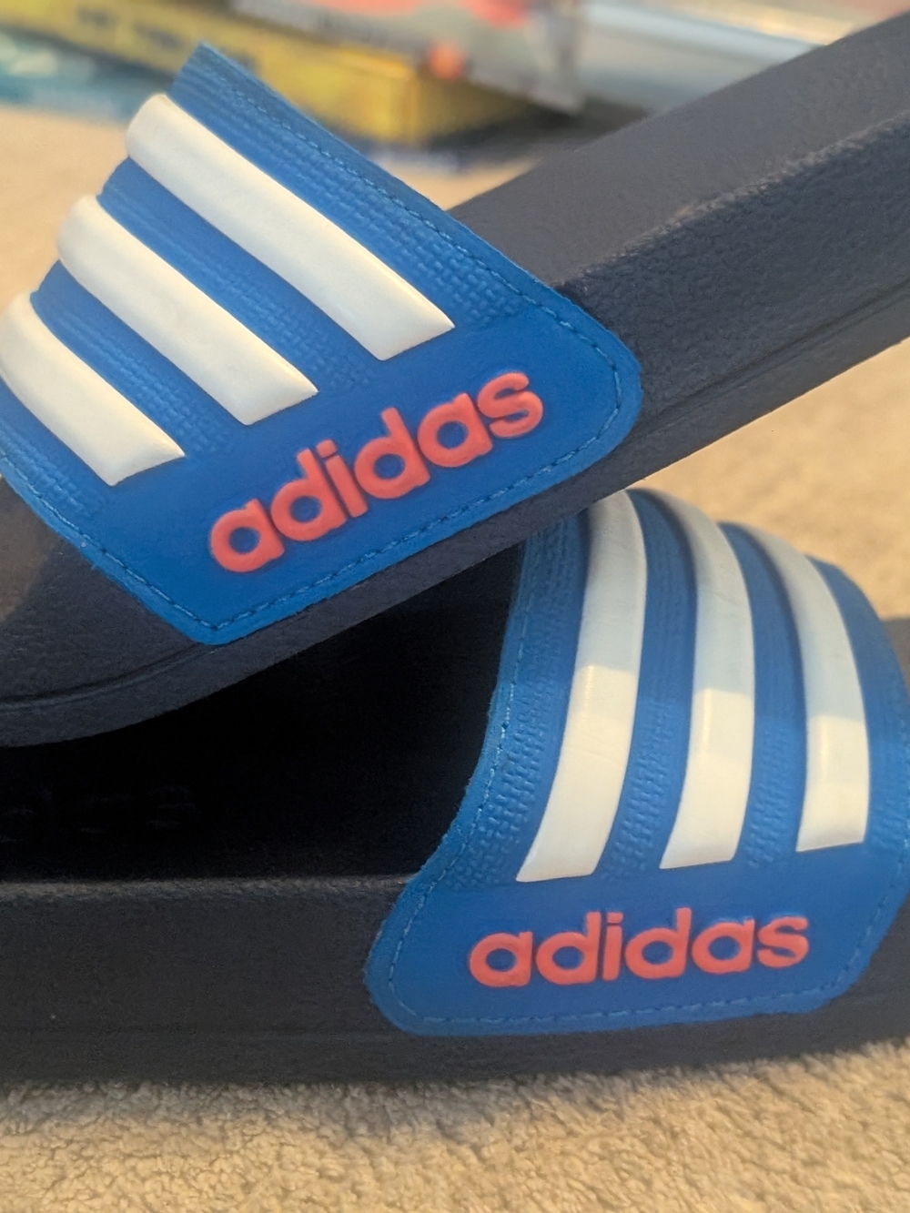 adidas Kids Blue Slide Sandals with White Stripes Size 10k